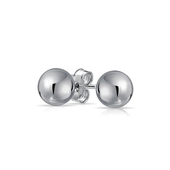 925 Sterling Silver Jewelry - Sterling Silver 925 Rhodium Plated Bead Stud Earrings 8mm